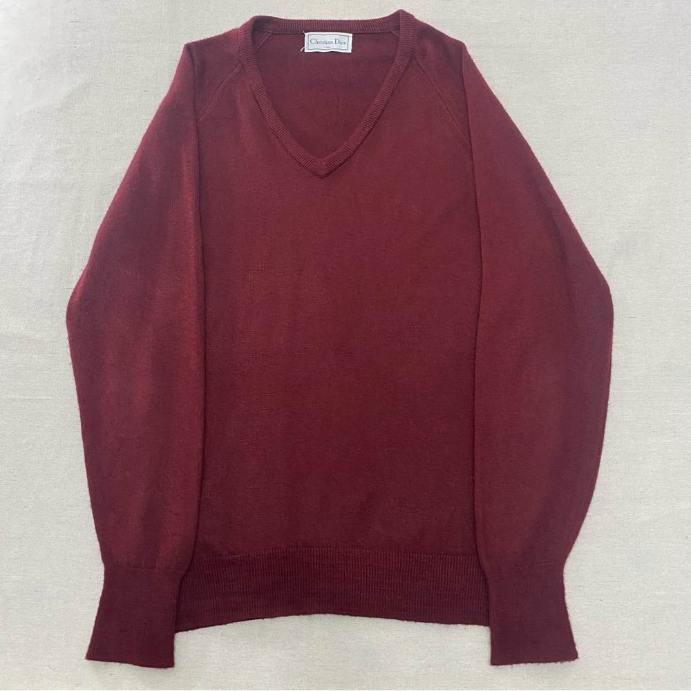 VTG Christian Dior Mens Sweater Sz Medium Orlon Acrylic Burgundy Red USA V Neck